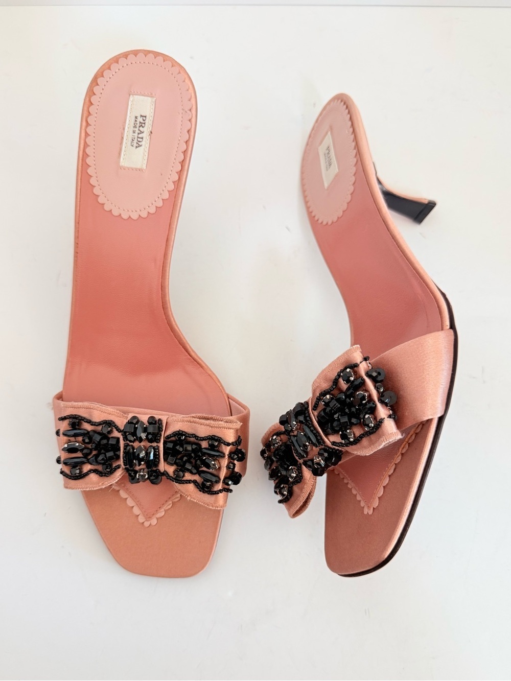 Prada Archive Pink Satin Crystal beaded Embellished bow Mule Heels EU 38 - Picture 2 of 11
